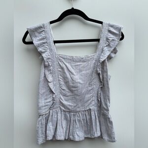 Japna Striped Smocked Flutter Straps Embroidered Peplum Boho Blouse Top Medium